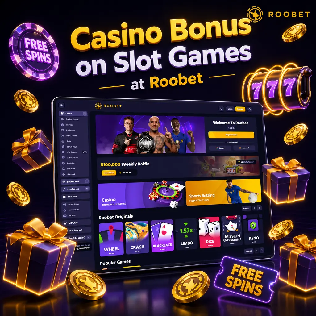 Roobet casino bonus for slot games: 100% first deposit match up to 500 USDT, plus Rooby rakeback and daily rain rewards.