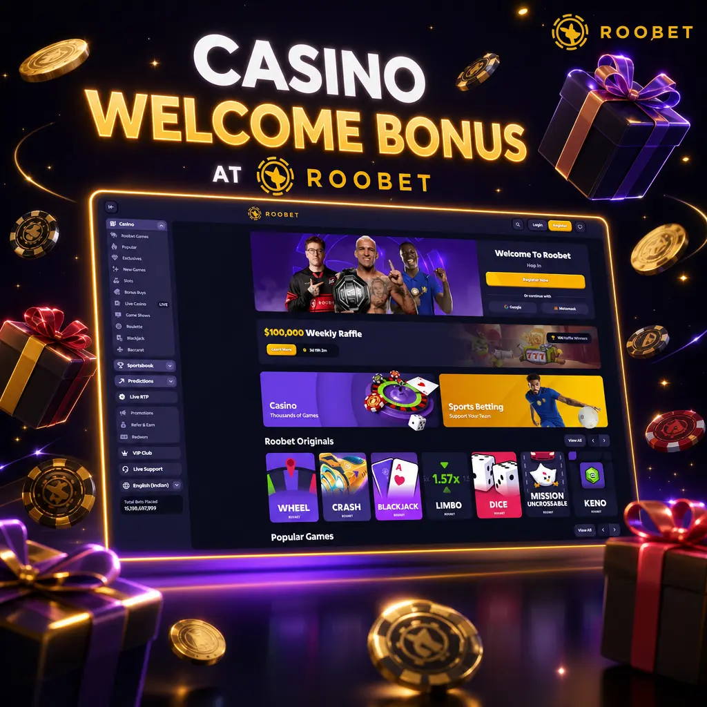 Roobet casino welcome bonus offering 5%-15% Rakeback cashback for new India players with 0x wagering requirement