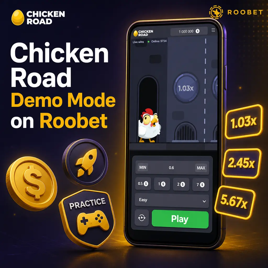 Chicken Road demo mode on Roobet showing free-play game board with virtual credits and provably fair verification