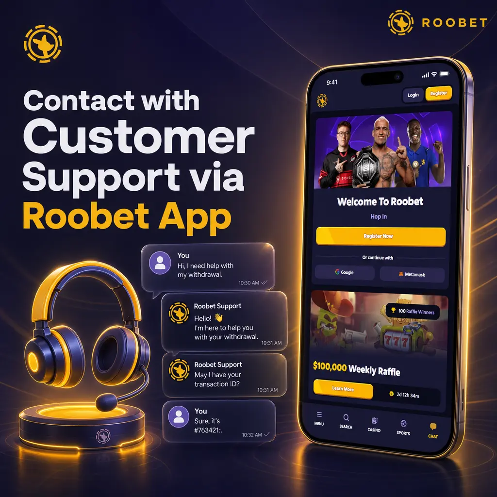 Roobet app Support tab showing 24/7 live chat, email, Discord, and X contact options for customer help
