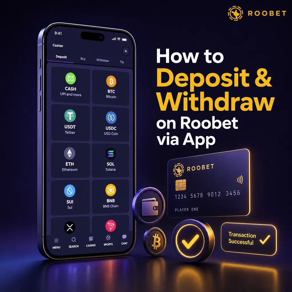 Step-by-step guide showing how to deposit and withdraw funds on Roobet using a mobile browser app