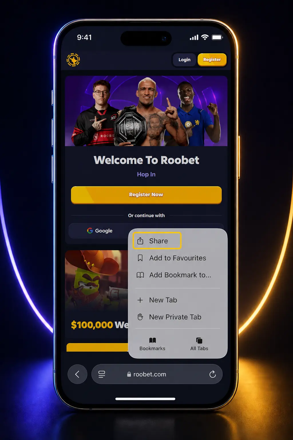 Step-by-step guide showing how to download and install the Roobet app on iOS using Safari and Add to Home Screen.