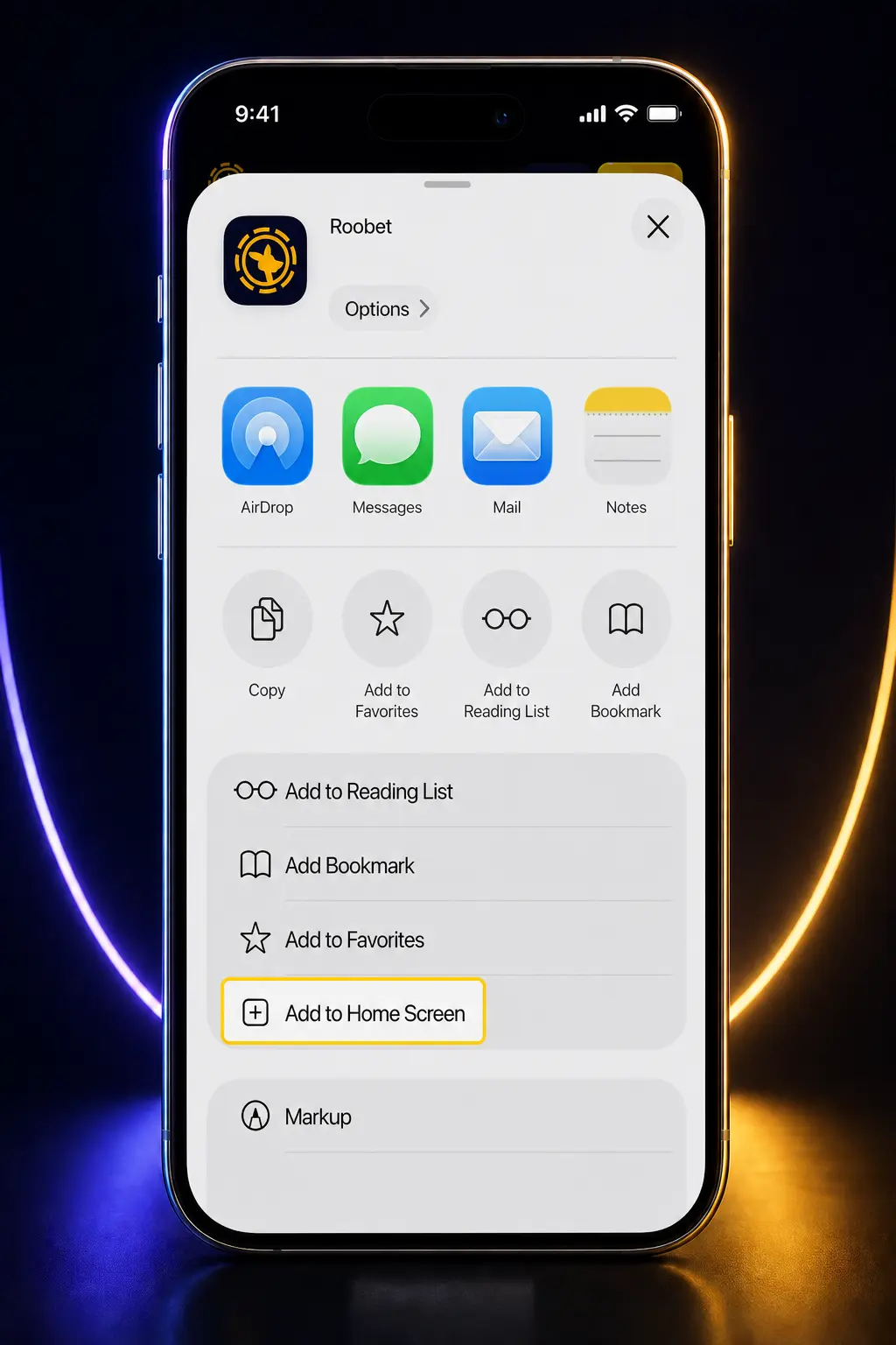 Step-by-step guide showing how to download and install the Roobet app on iOS using Safari and Add to Home Screen.