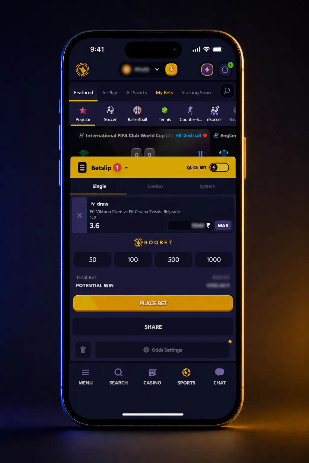 Step-by-step guide showing how to place a sports bet on Roobet using decimal odds and the bet slip