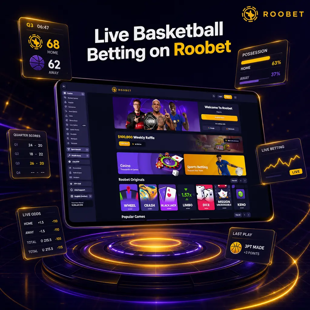 Live basketball betting on Roobet with real-time odds, quarter markets, and live stats updating alongside the scoreboard.