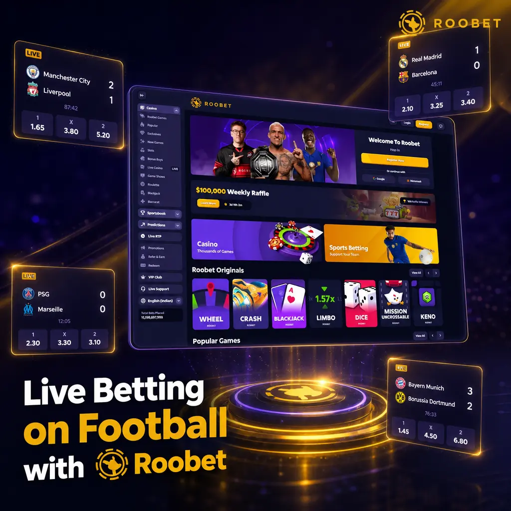 Live football betting on Roobet with real-time odds, cash out, match trackers, and streaming for Premier League and ISL games.
