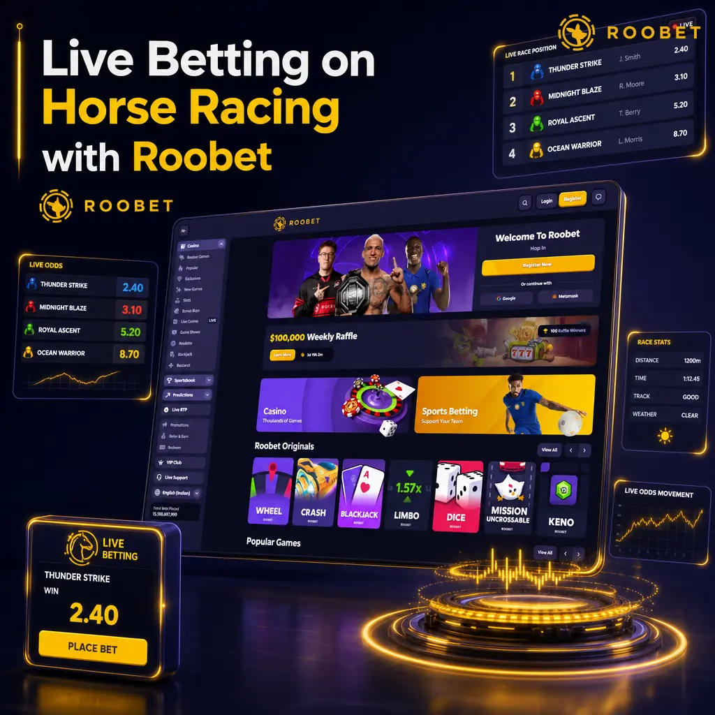 Live betting on horse racing with Roobet showing real-time odds, fast cash out and instant crypto settlement features