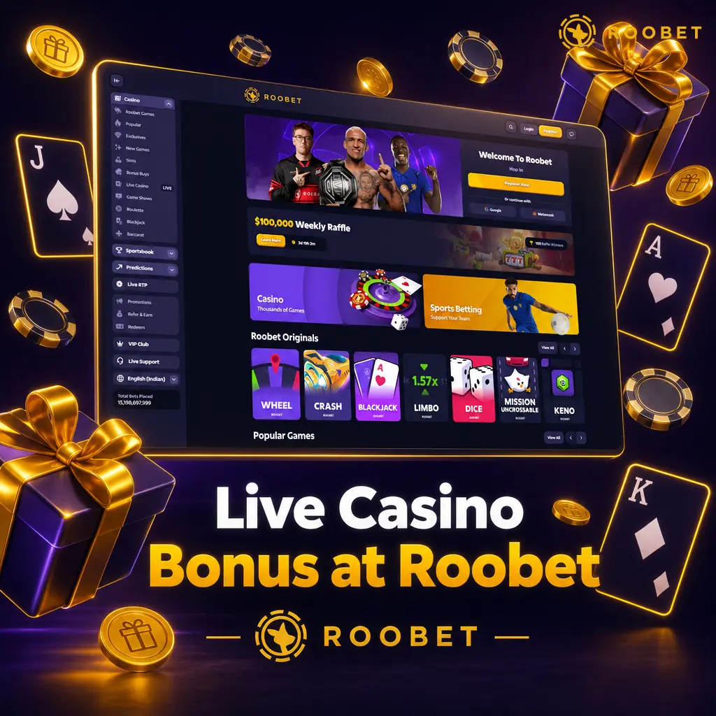 Roobet Live Casino bonus in India: Rooby Rewards rakeback up to 15% on live table wagers, no wagering requirement.