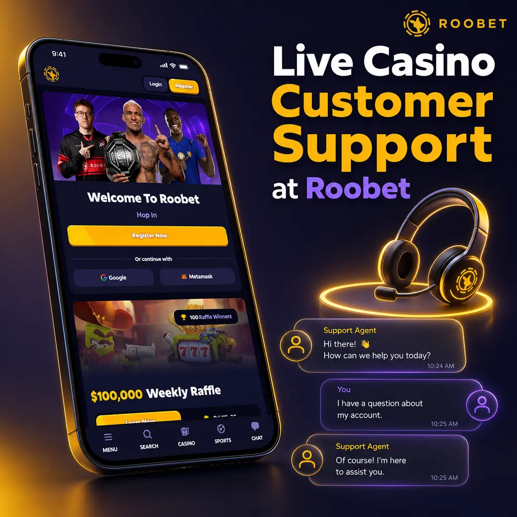 24/7 Roobet live casino customer support via chat, email, help centre, Discord, and Twitter for quick query resolution.