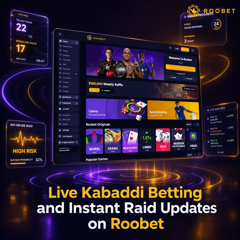 Live Kabaddi betting on Roobet with real-time odds for raids, tackles, all-outs, and match winner updates.