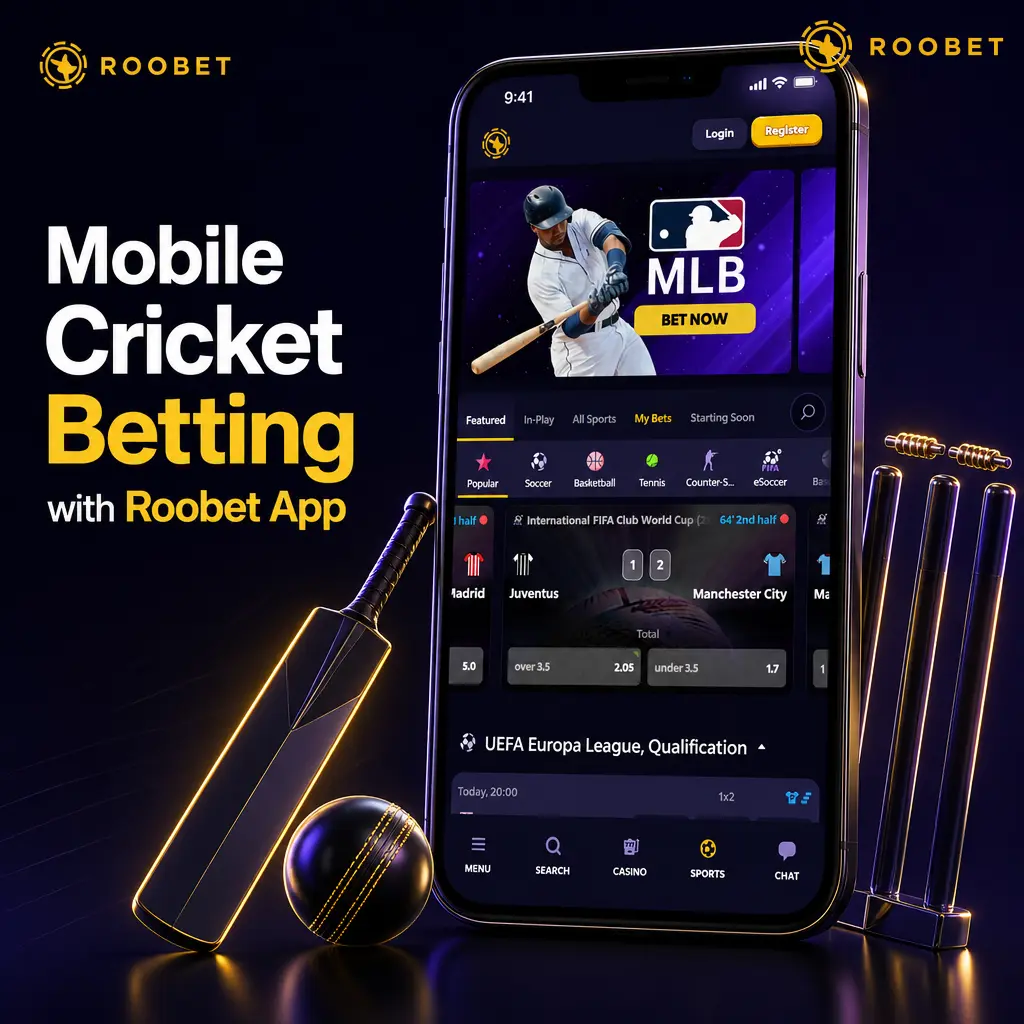 Roobet mobile app interface showing cricket betting odds, live scores, and bet slip for on-the-go wagering