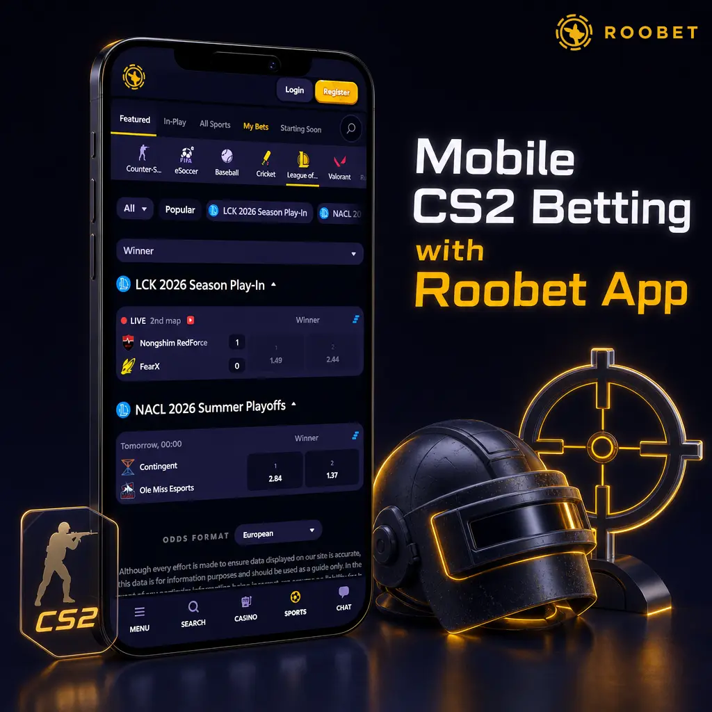 Roobet app screen showing CS2 betting odds, live scores, and bet slip for mobile esports wagering
