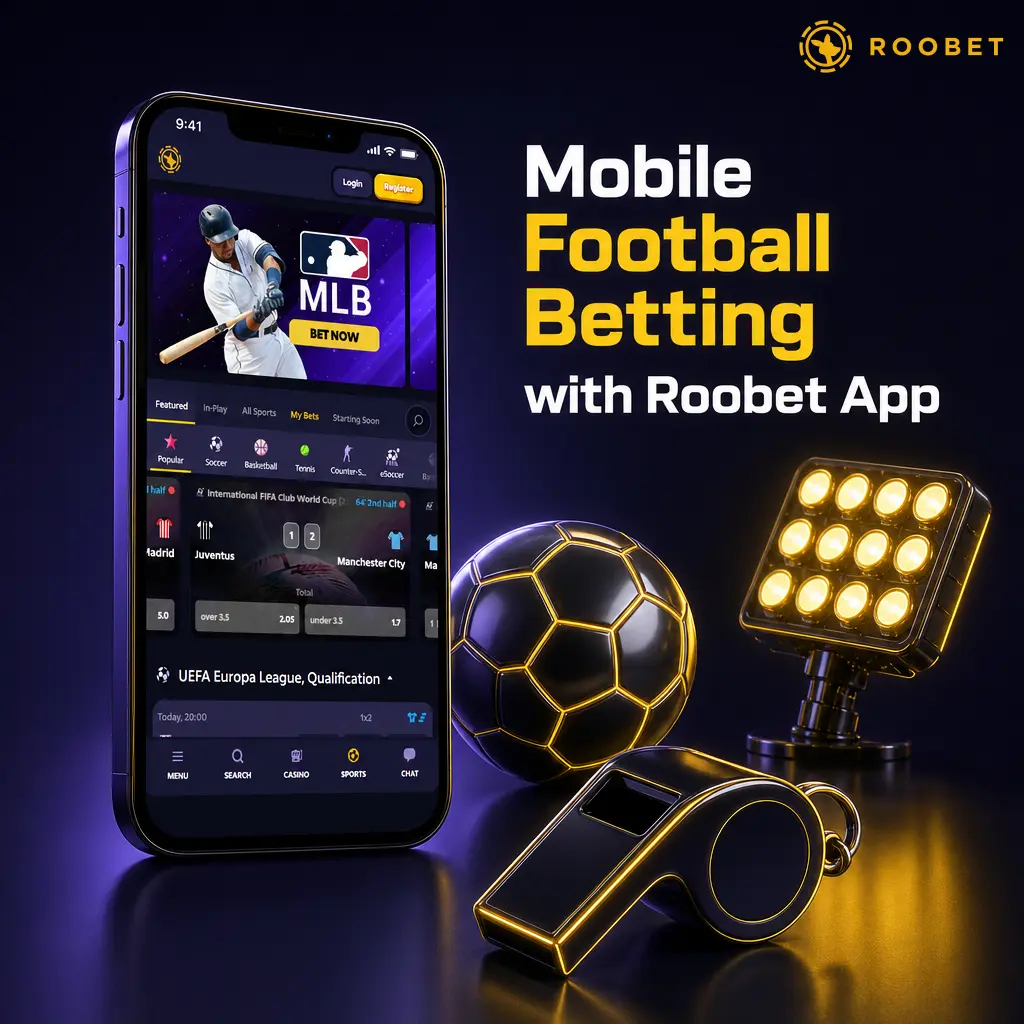 Roobet app screen showing mobile football betting with live odds and Sportsbook markets