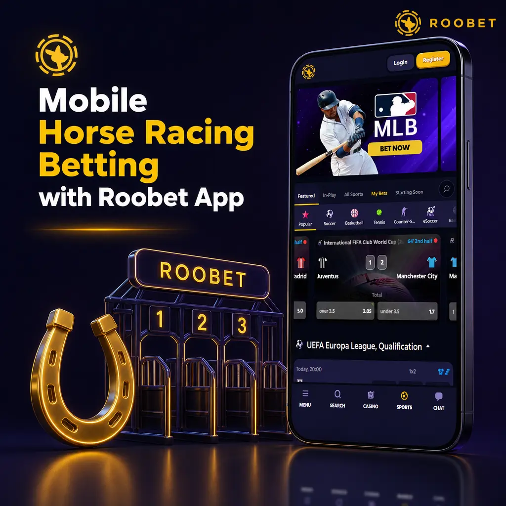 Roobet mobile app screen showing horse racing betting odds, race fields and jockey updates for on-the-go wagering