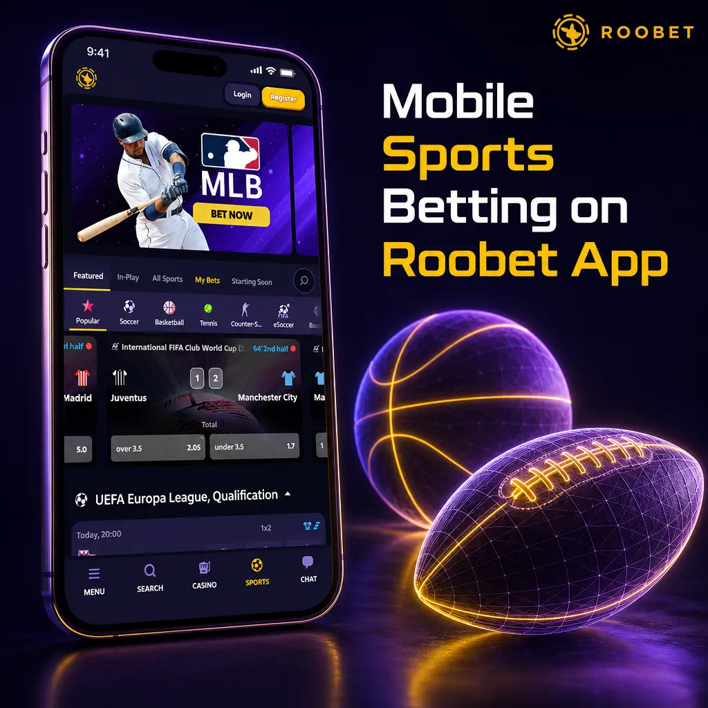 Roobet app screen showing mobile sports betting on cricket, football, and esports with Live and Line odds markets.