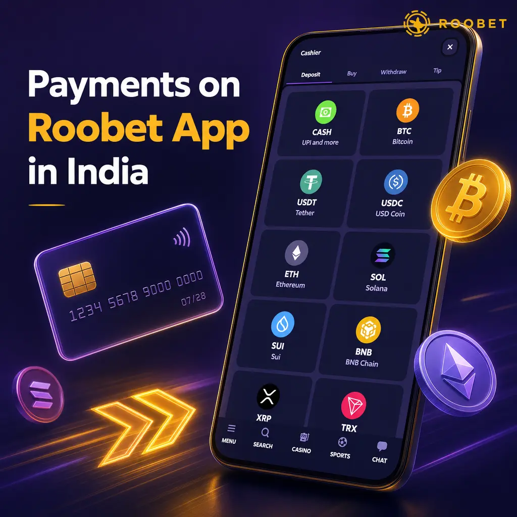 Roobet App payment options in India 2026, showing 12 supported methods including cards, Bitcoin, USDT, Ethereum, and other cryptocurrencies