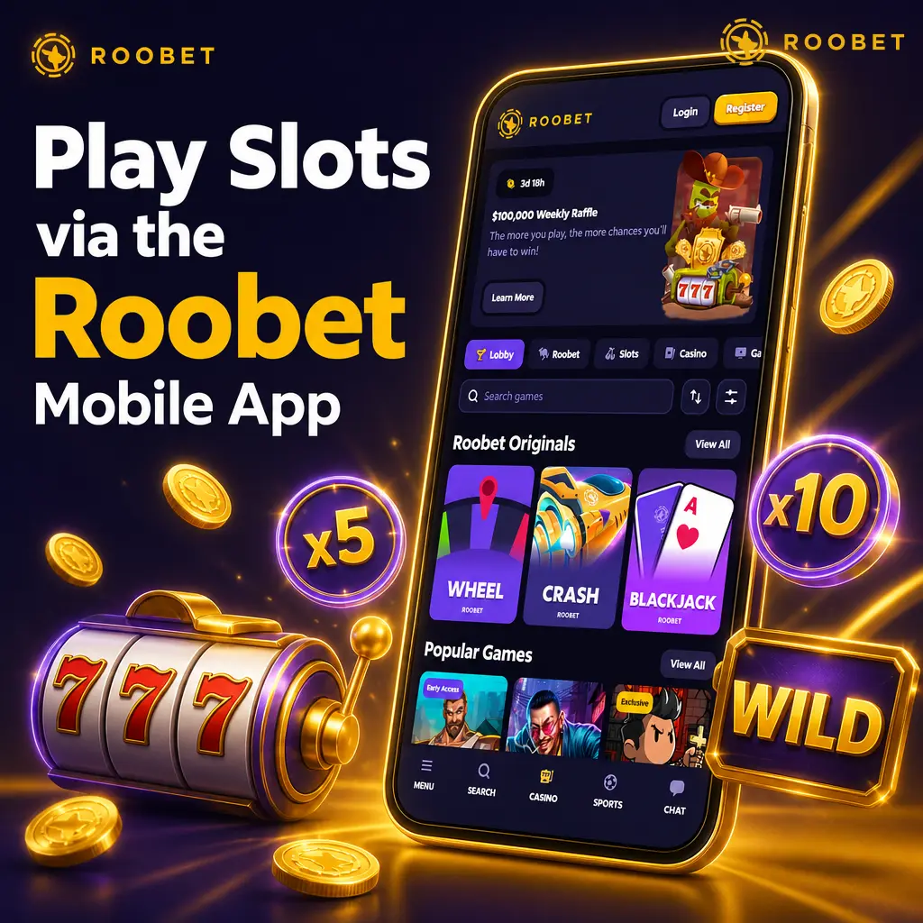 Roobet mobile app slots lobby showing game categories, search bar, and bottom menu for Slots, Live Casino, and Wallet access