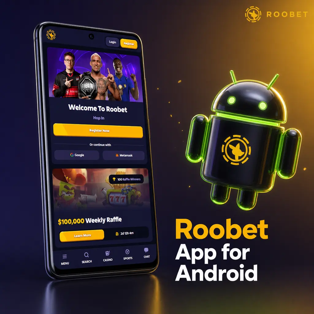 Roobet Android app APK download page showing minimum specs, compatible devices, and update steps for Indian users.