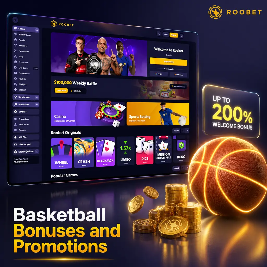 Roobet basketball bonuses: welcome package, Weekly Raffle, Daily Race, and VIP Rakeback up to 15% for sports bettors.