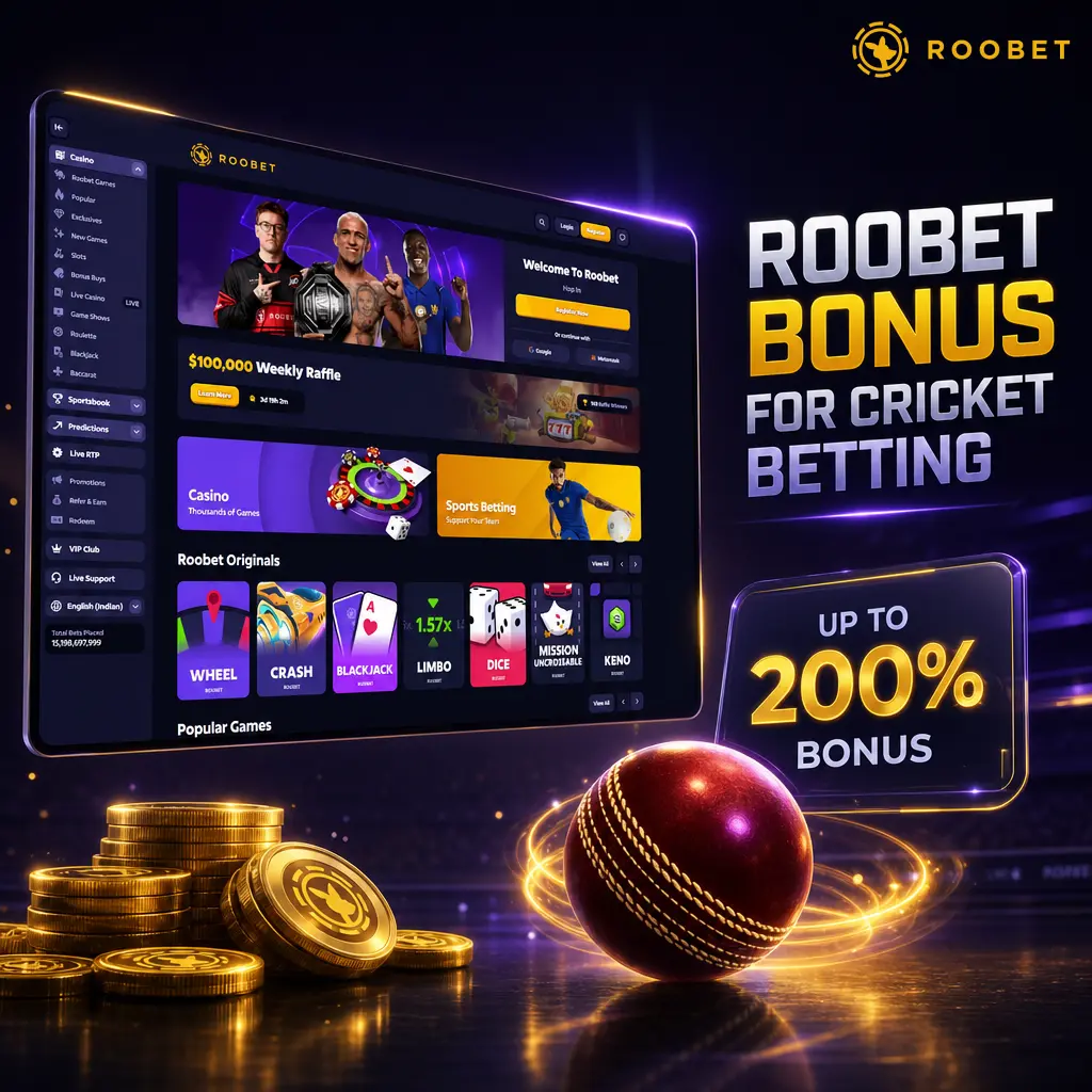 Roobet 100% welcome bonus up to INR 8,000 for cricket betting on IPL, T20 World Cup, and Border-Gavaskar Trophy matches