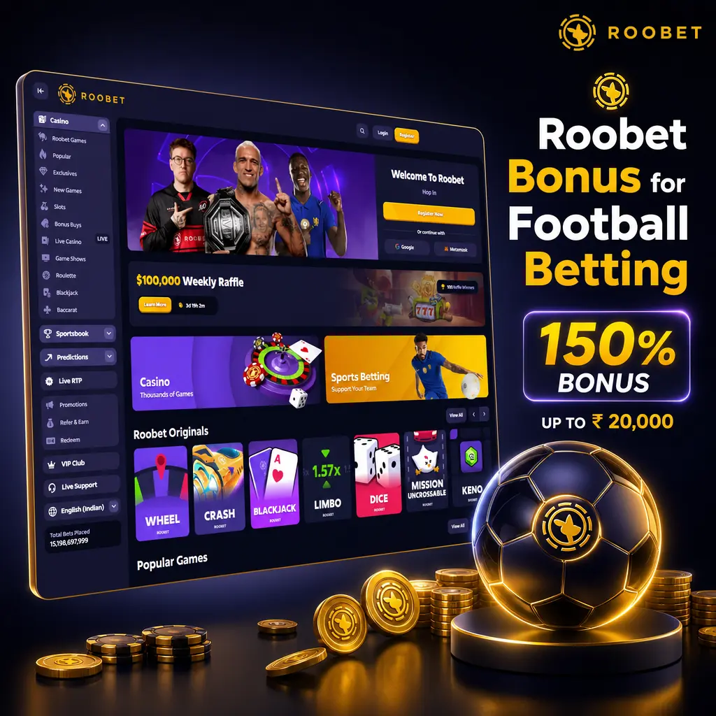 Roobet 100% first deposit football betting bonus up to INR 15,000 for new users, minimum deposit INR 500 required