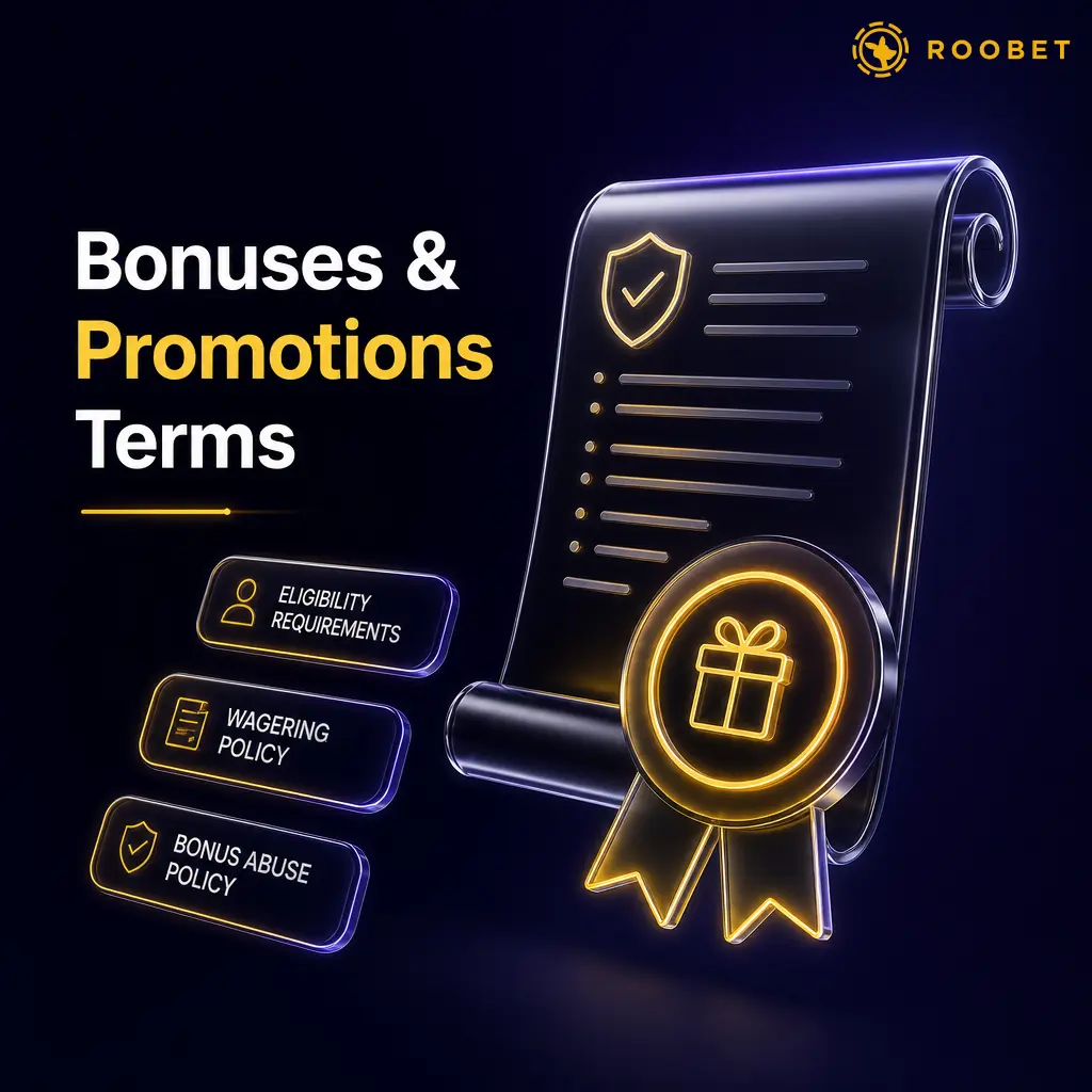 Roobet Bonuses & Promotions Terms outlining eligibility, KYC, rakeback rules and Roo's Race conditions for casino and sportsbook bonuses.