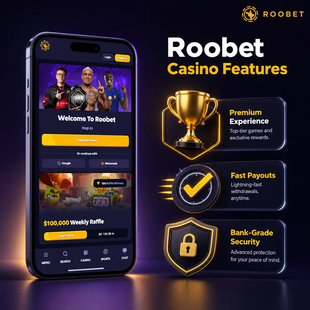 Roobet Casino features: instant crypto withdrawals, provably fair games, rakeback rewards, minimal ID checks, and 24/7 live chat support.
