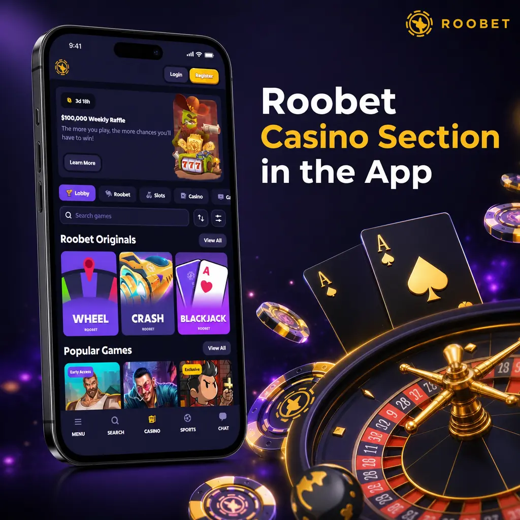 Roobet Casino app section showing categorized slots, live dealer tables, arcade games, jackpots, and game shows