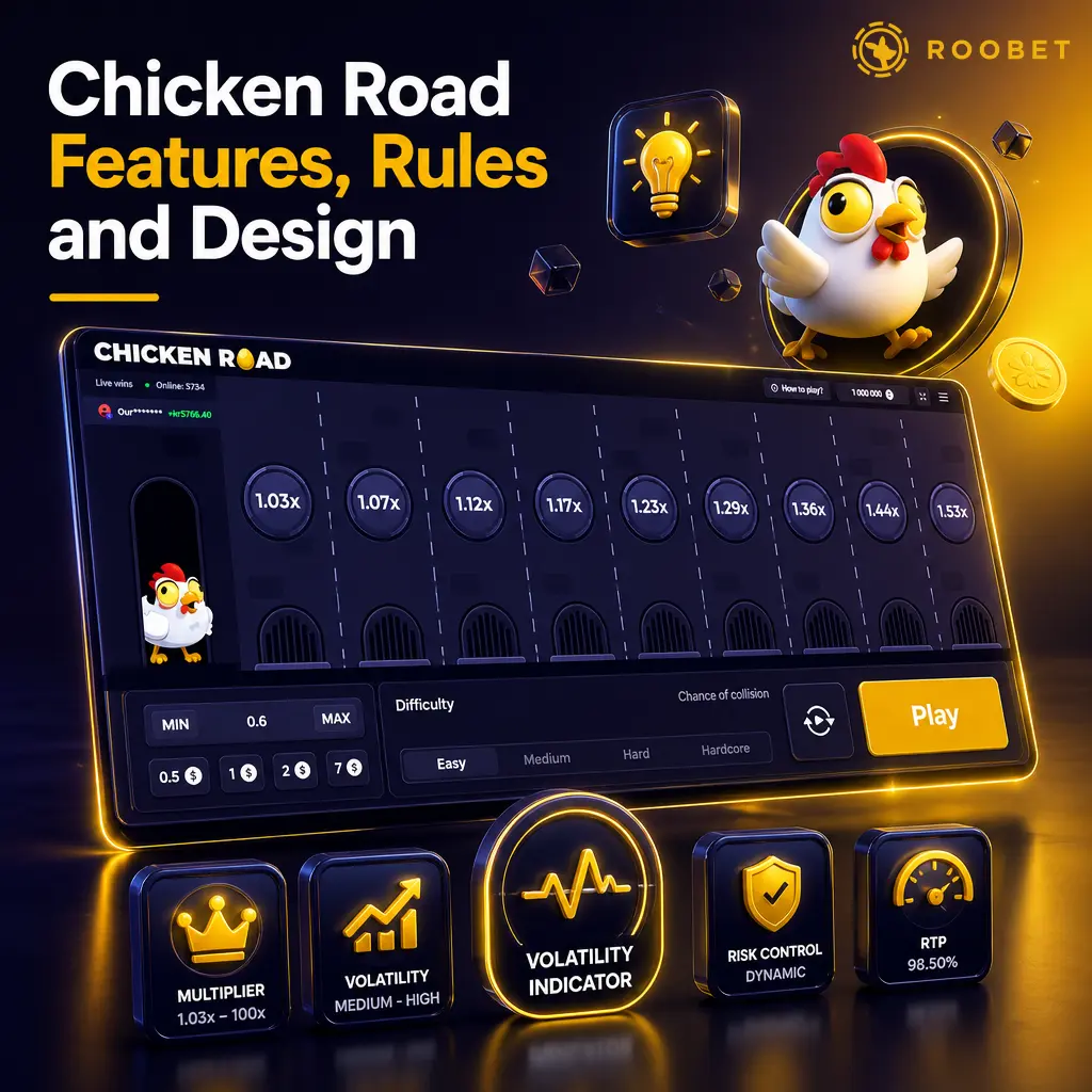 Chicken Road game screen showing a 3D chicken crossing highway lanes with multiplier counter and cartoon farm theme graphics