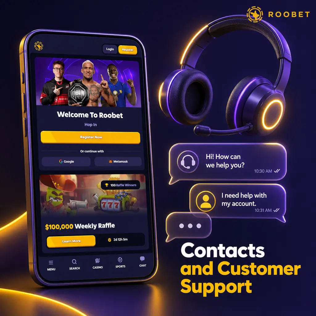 Roobet 24/7 customer support channels including live chat, email, Discord, X, and Help Center FAQ for Indian players