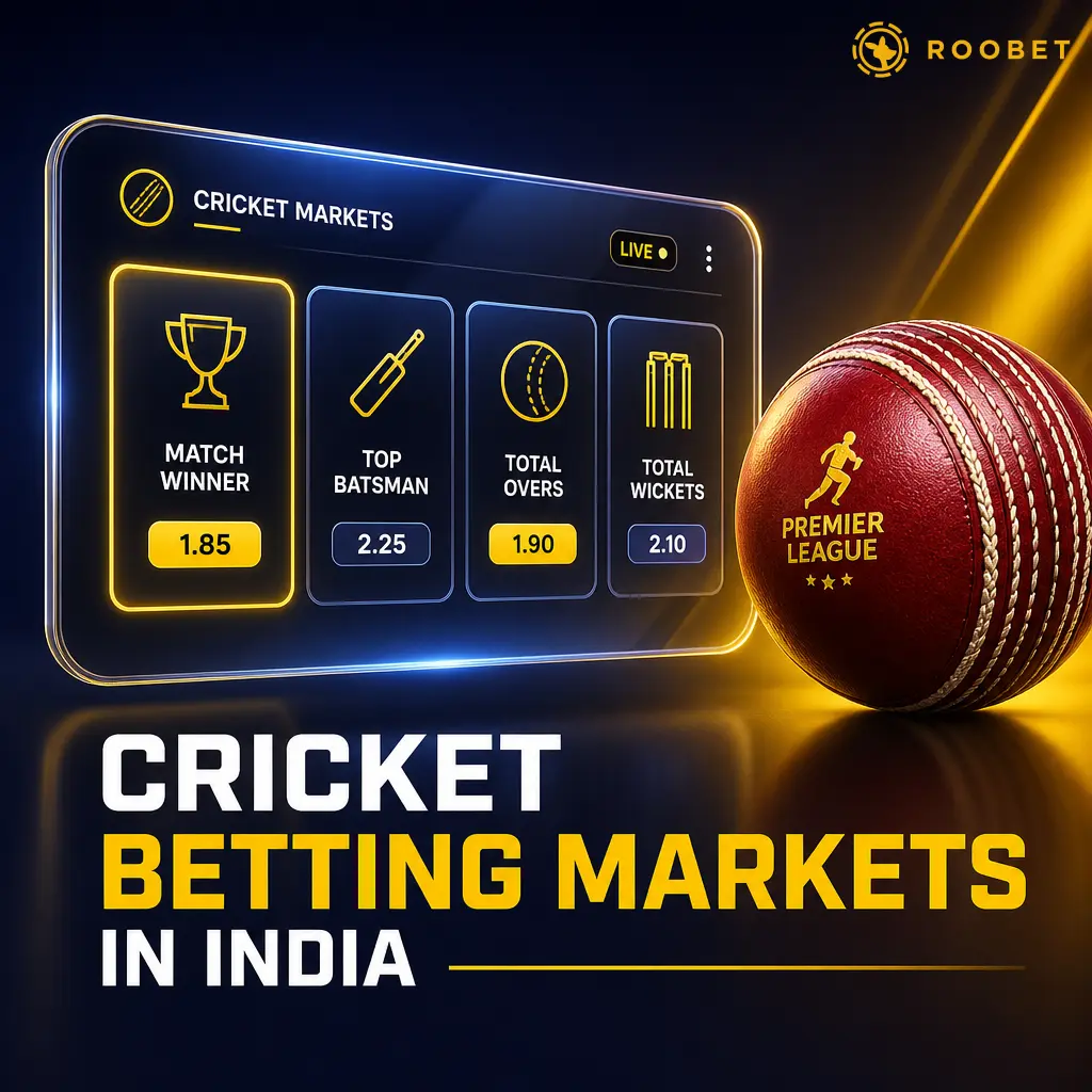 Roobet's 10 cricket betting markets in India: match winner, top batsman, top bowler, total runs, sixes, and more.
