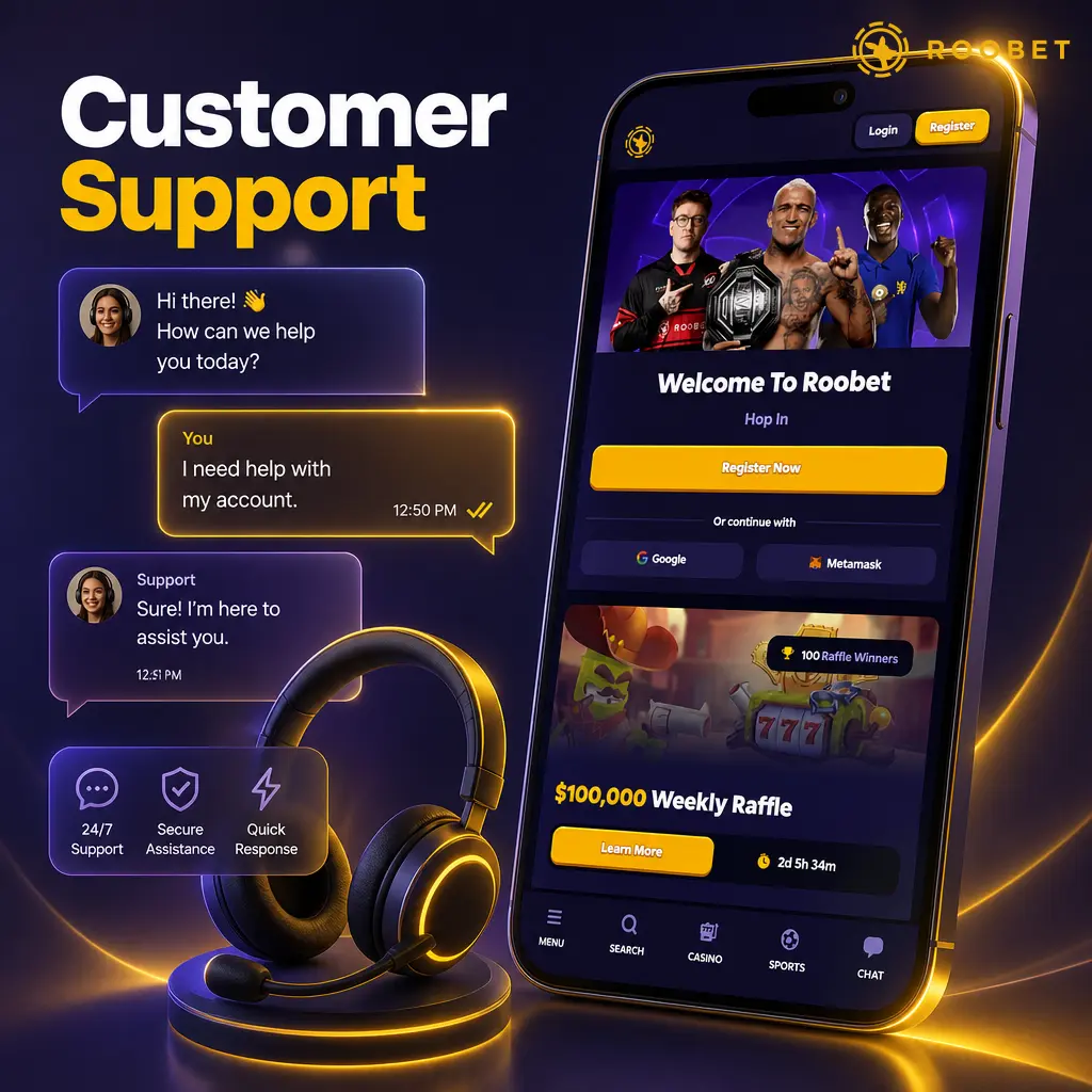 Roobet customer support options: 24/7 live chat, email, help center, and Discord community for payment inquiries