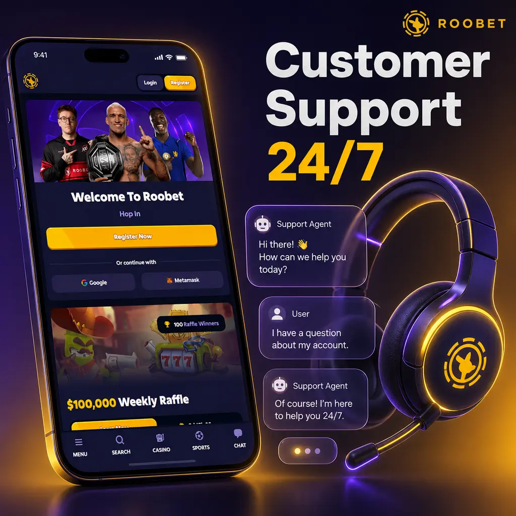 Roobet 24/7 customer support with live chat, email help, and a help center for deposits, withdrawals, and bonuses