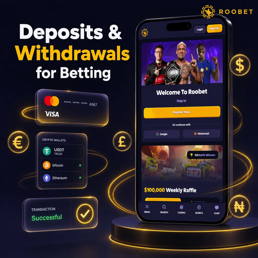 Roobet crypto deposit and withdrawal process showing Bitcoin, Ethereum, Solana, and other supported cryptocurrency payment methods