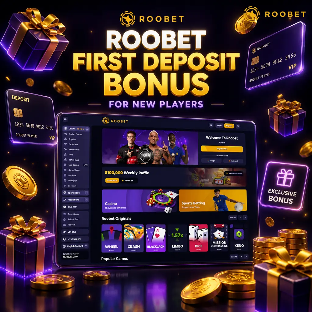 Roobet 100% first deposit bonus up to INR 8,500 for new players on Crash, Plinko, and Mines casino games.