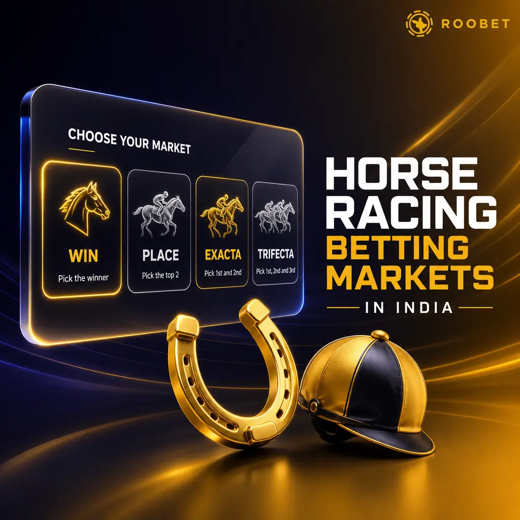Horse racing betting markets on Roobet India: win, place, show, exacta, trifecta, and each-way wagers explained.