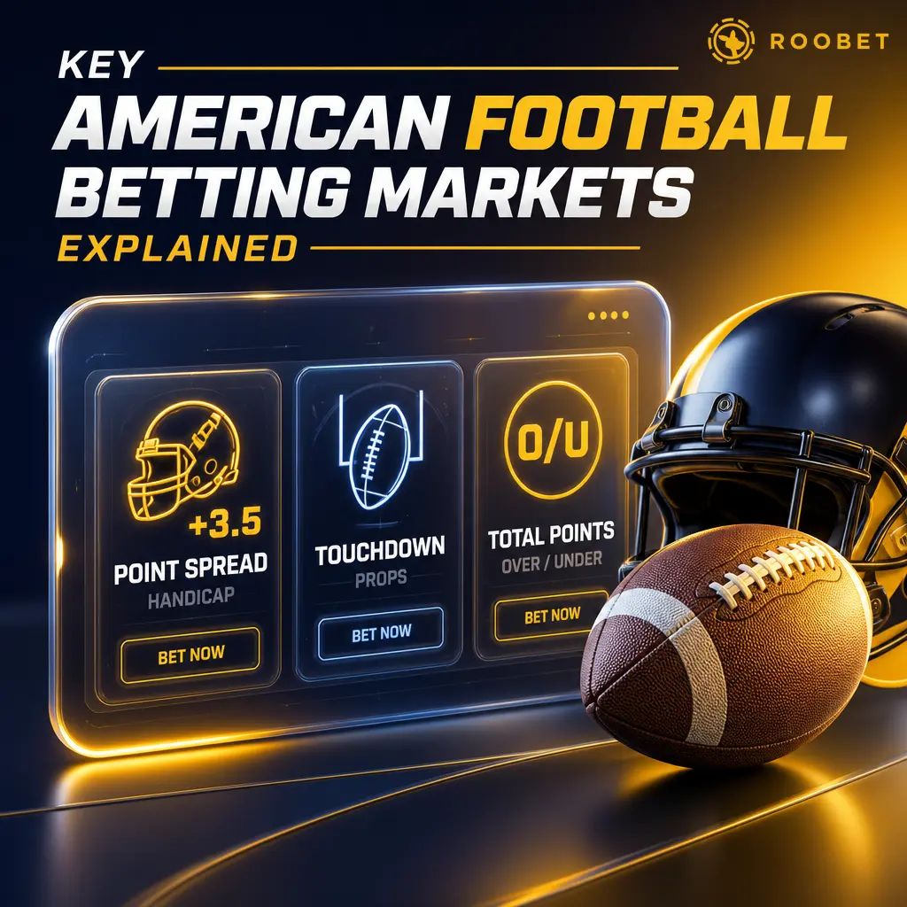 Overview of Roobet's American football betting markets: spread, money line, totals, player props, winning margin, and parlays.