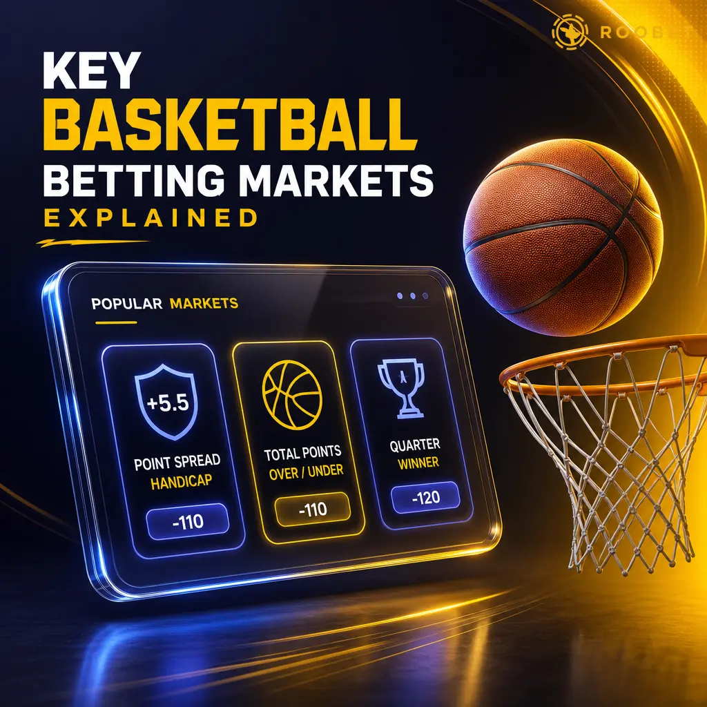 Overview of six basketball betting markets on Roobet: spread, moneyline, totals, quarter/half, player props, and winning margin.