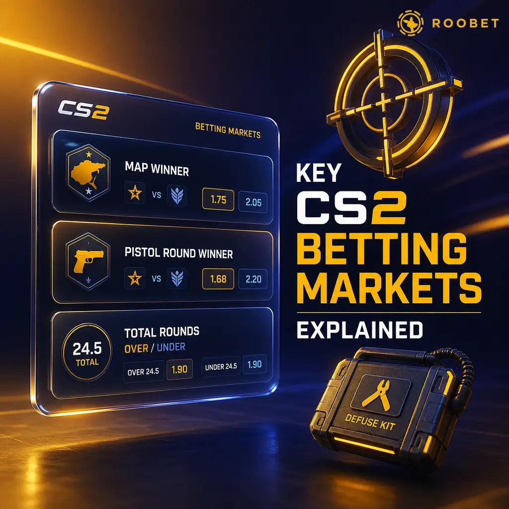 Overview of key CS2 betting markets on Roobet, including match winner, map handicap, total rounds, and pistol round options.