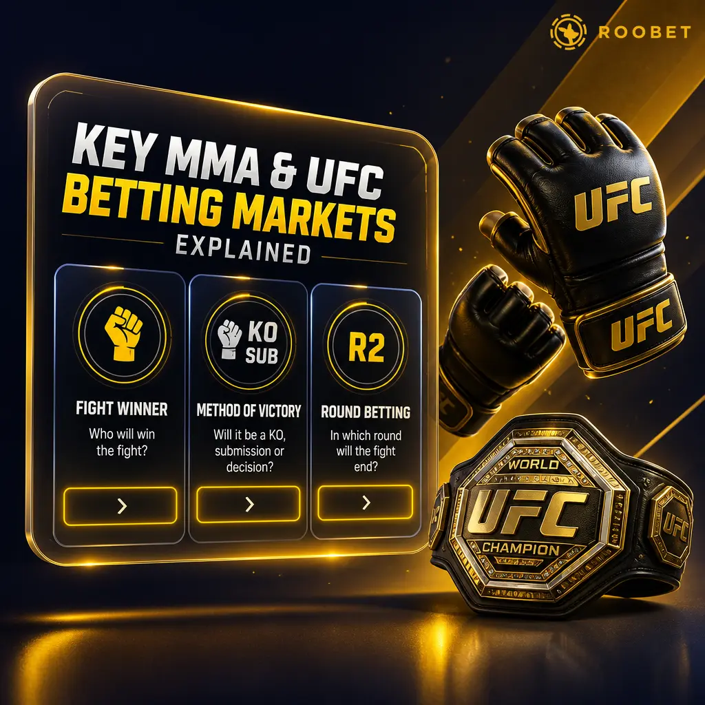 Overview of key MMA and UFC betting markets on Roobet, including moneyline, method of victory, round betting, and totals.