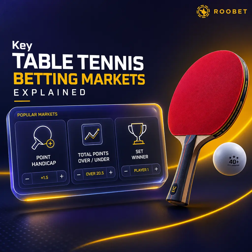 Table tennis betting markets on Roobet: match winner, set handicap, total points, correct score, and set winner options explained.