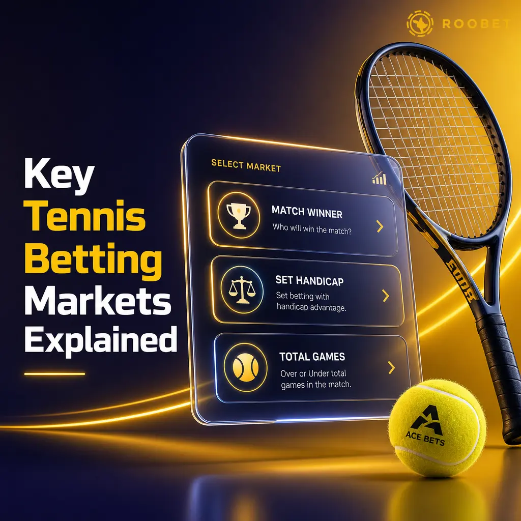 Overview of key tennis betting markets on Roobet, including match winner, set betting, totals, handicaps, correct score, and first set winner options.