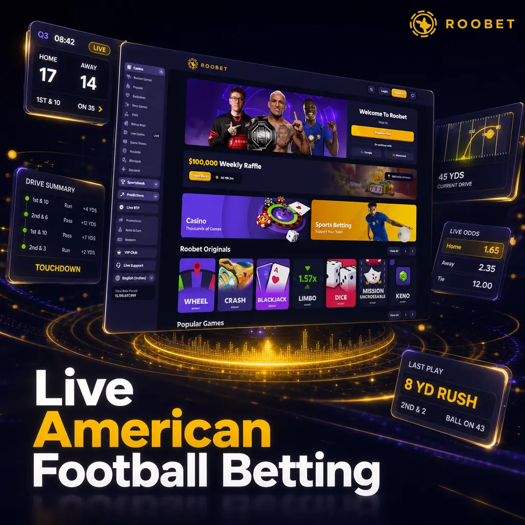 Live American football betting odds on Roobet showing spreads, money lines, totals and real-time scoreboard updates