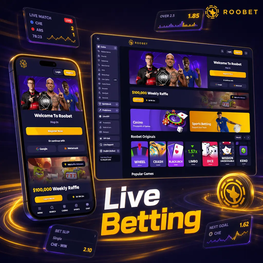 Live betting screen showing real-time odds, scoreboard, and stats for cricket, football, esports, tennis, and kabaddi