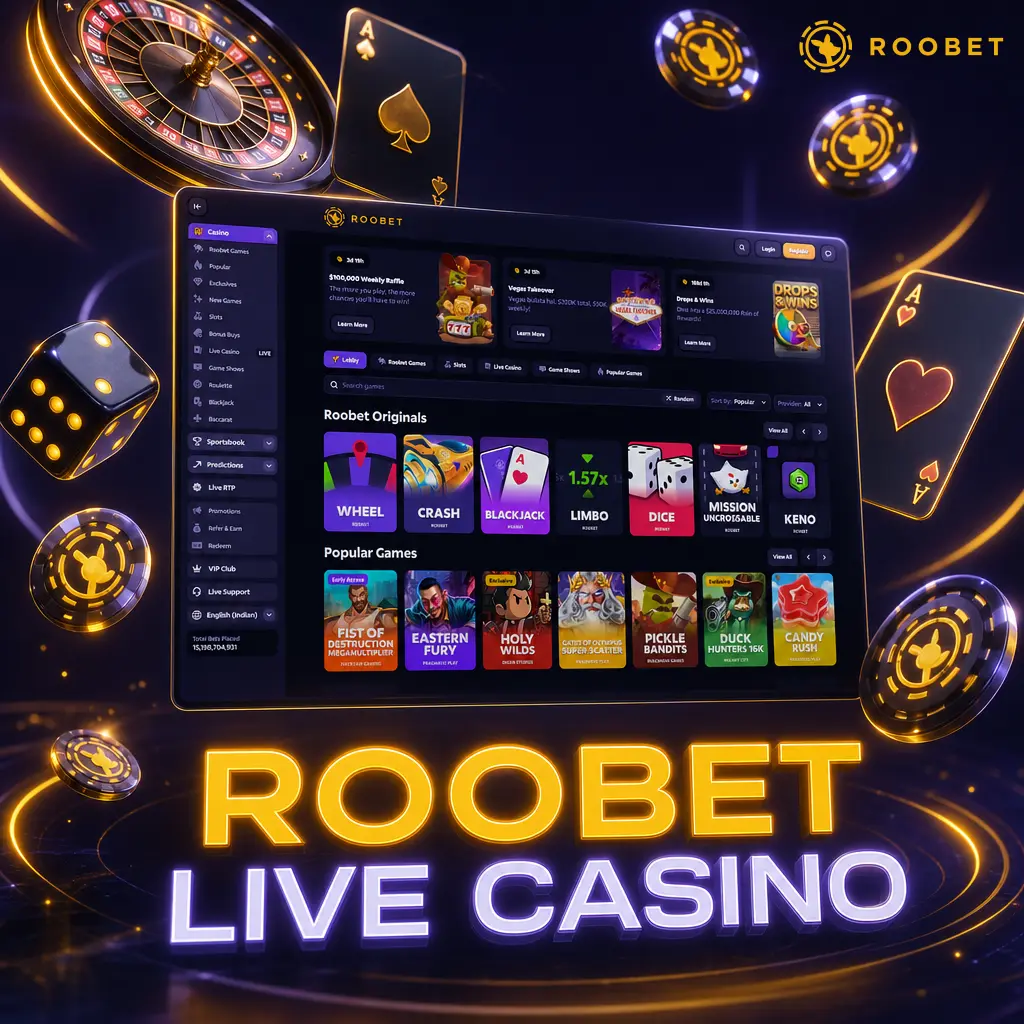 Roobet Live Casino with Evolution and Ezugi dealers streaming Blackjack, Roulette, Baccarat, Andar Bahar and Teen Patti tables.