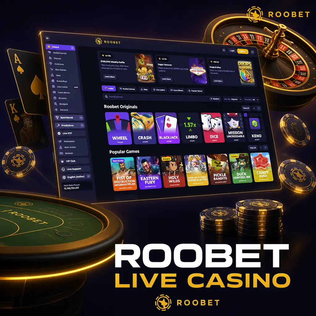 Roobet Live Casino featuring live blackjack, roulette, baccarat, poker, and game shows like Crazy Time with real dealers.