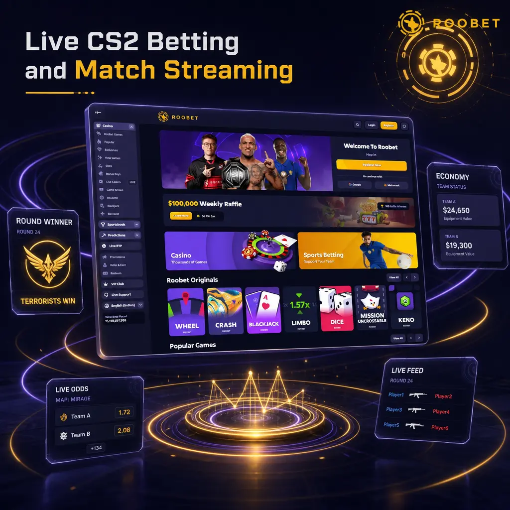 Live CS2 betting on Roobet with Twitch stream embeds, real-time round tracking, buy round indicators, and live cash out options.