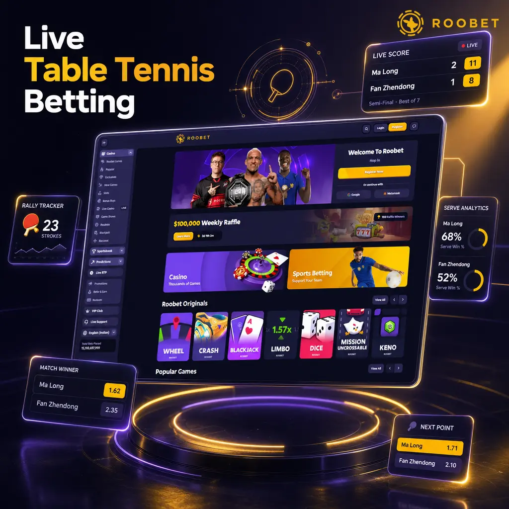 Live table tennis betting on Roobet with real-time odds, set-by-set markets, and rally statistics for fast in-play wagering.