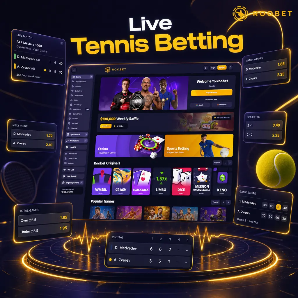 Live tennis betting odds on Roobet with real-time stats, serve percentage, break points, and set score updates.