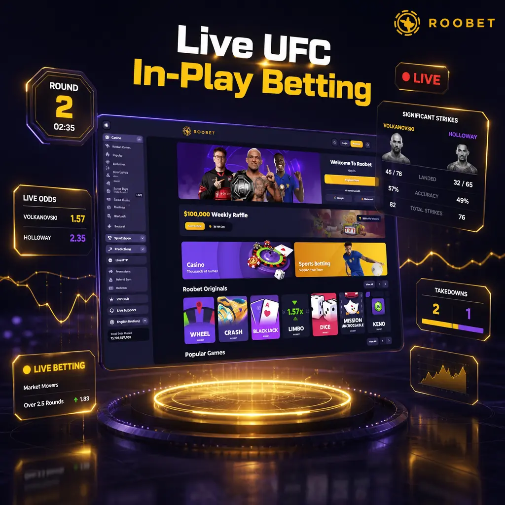 Roobet live UFC betting console showing round-by-round odds, strike stats, and in-play Moneyline markets.
